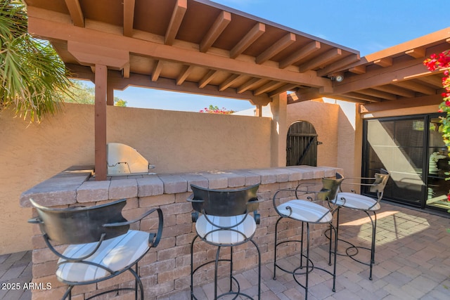 view of patio / terrace with an outdoor bar and exterior kitchen