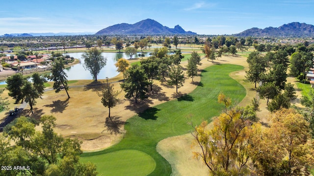 birds eye view of property with a water and mountain view