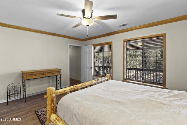 bedroom with dark wood-type flooring, ceiling fan, ornamental molding, and access to outside