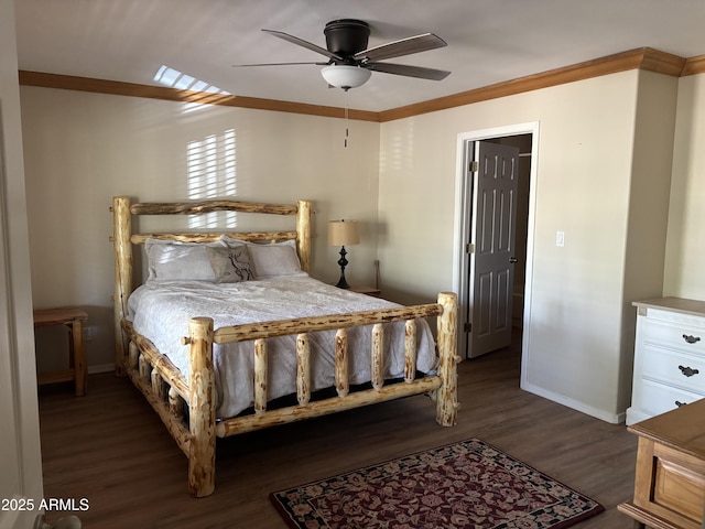 bedroom featuring ceiling fan, ornamental molding, and dark hardwood / wood-style flooring