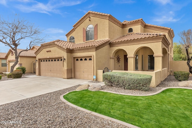 mediterranean / spanish-style home featuring concrete driveway, a tiled roof, and stucco siding