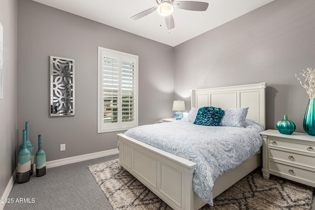 bedroom with carpet floors, baseboards, and ceiling fan