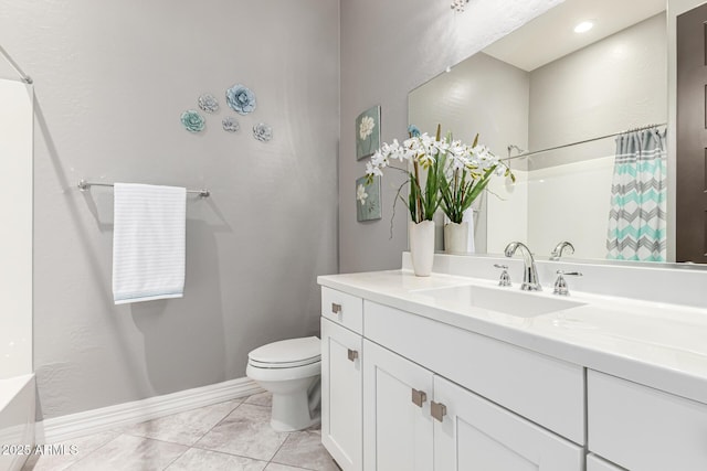 full bath featuring baseboards, toilet, vanity, curtained shower, and tile patterned flooring