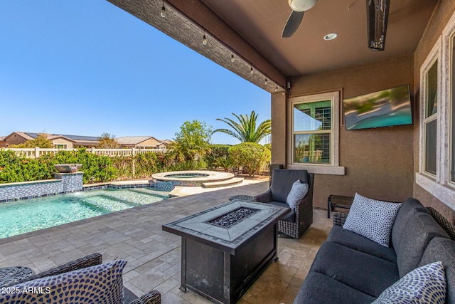 view of patio / terrace featuring an outdoor hangout area, fence, a fenced in pool, ceiling fan, and an in ground hot tub