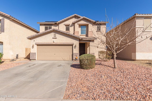 traditional home featuring a tiled roof, roof mounted solar panels, stucco siding, and driveway