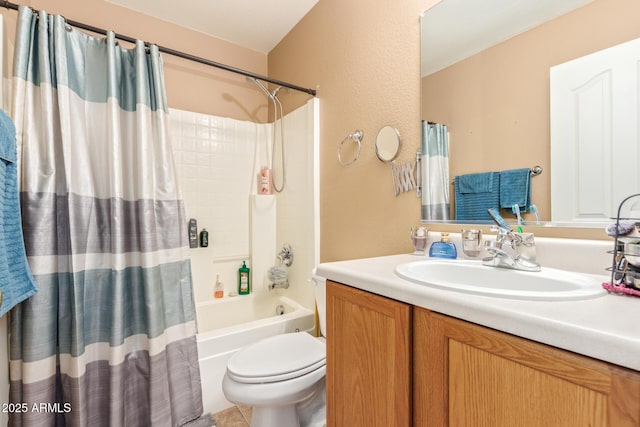 bathroom featuring shower / bath combination with curtain, vanity, and toilet