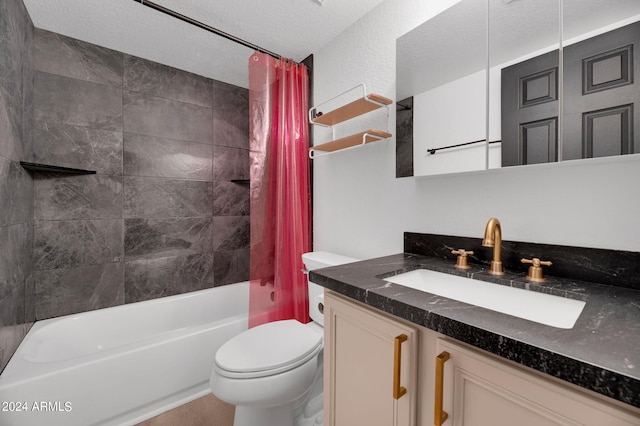 full bathroom with vanity, a textured ceiling, toilet, and shower / bathtub combination with curtain