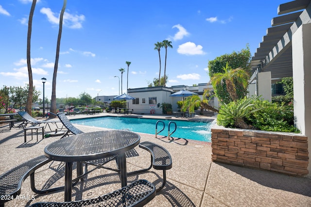 view of pool featuring a patio and pool water feature