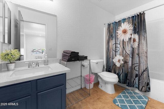 full bath with toilet, shower / tub combo with curtain, and vanity