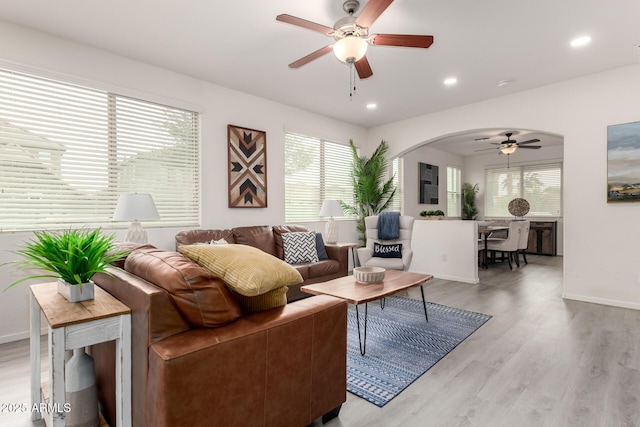 living room with ceiling fan and light wood-type flooring