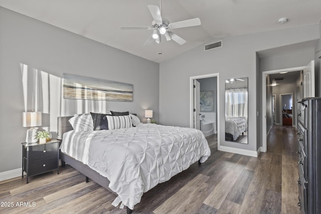 bedroom with visible vents, lofted ceiling, wood finished floors, baseboards, and a ceiling fan