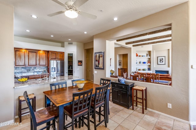 dining room featuring visible vents, ceiling fan, light tile patterned flooring, built in shelves, and recessed lighting