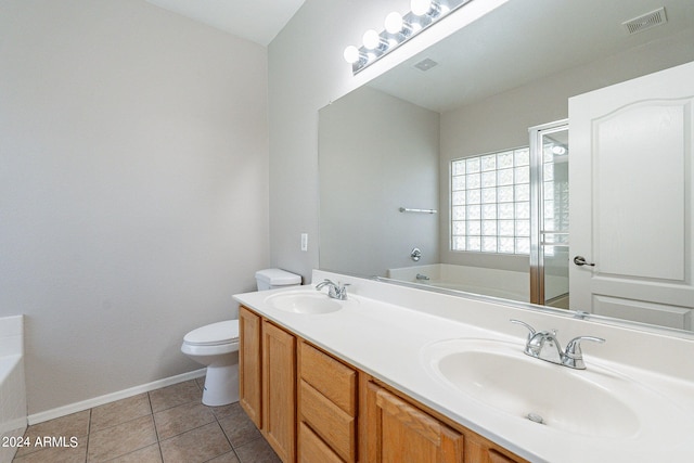 full bathroom with shower with separate bathtub, tile patterned flooring, vanity, and toilet