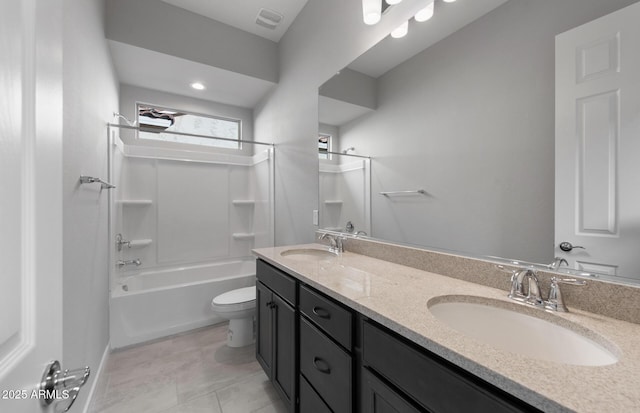 full bathroom with tile patterned flooring, vanity, toilet, and tub / shower combination