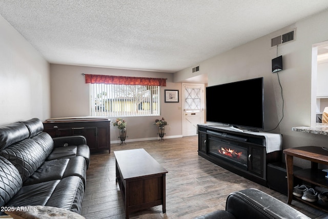 living room with wood-type flooring and a textured ceiling