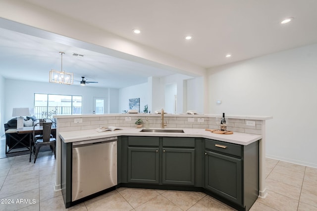 kitchen featuring a kitchen island with sink, sink, stainless steel dishwasher, decorative backsplash, and ceiling fan