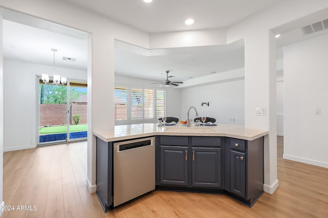 kitchen with sink, light wood-type flooring, ceiling fan with notable chandelier, stainless steel dishwasher, and gray cabinets