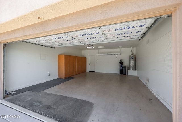 garage with gas water heater and a garage door opener