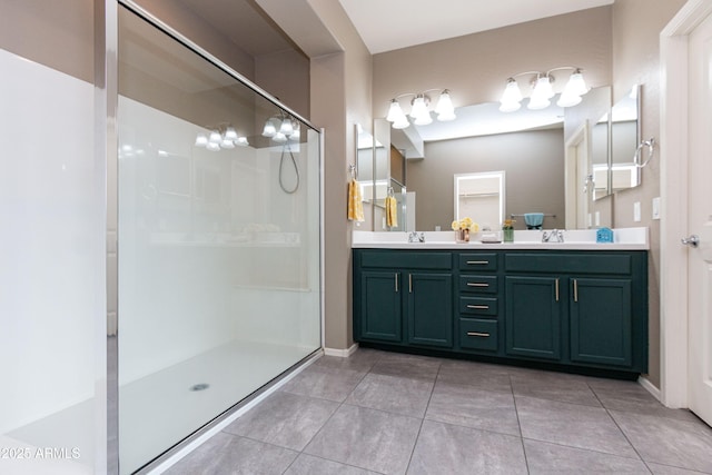 bathroom with tile patterned flooring, vanity, and walk in shower