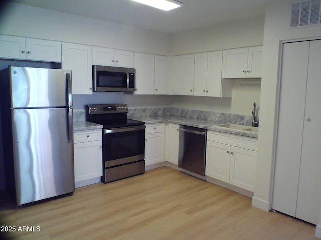 kitchen featuring a sink, stainless steel appliances, white cabinets, visible vents, and light wood-style floors