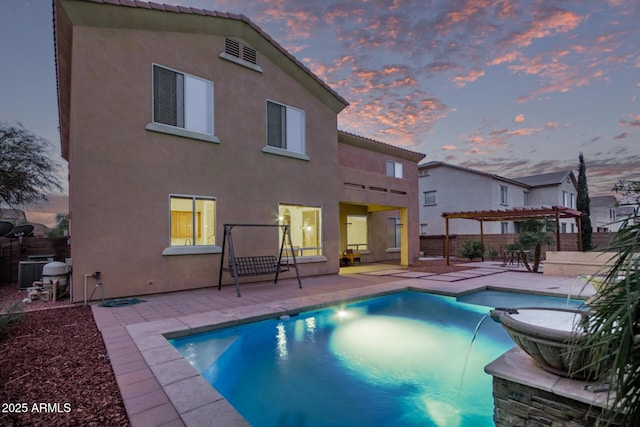 pool at dusk featuring a pergola, a patio, fence, cooling unit, and an outdoor pool