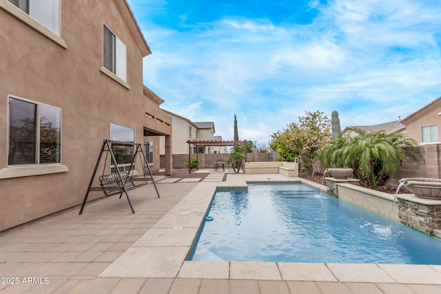 view of swimming pool with a fenced in pool, a patio, a fenced backyard, and a pergola