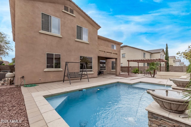 view of pool with a patio, a fenced in pool, fence, and a pergola