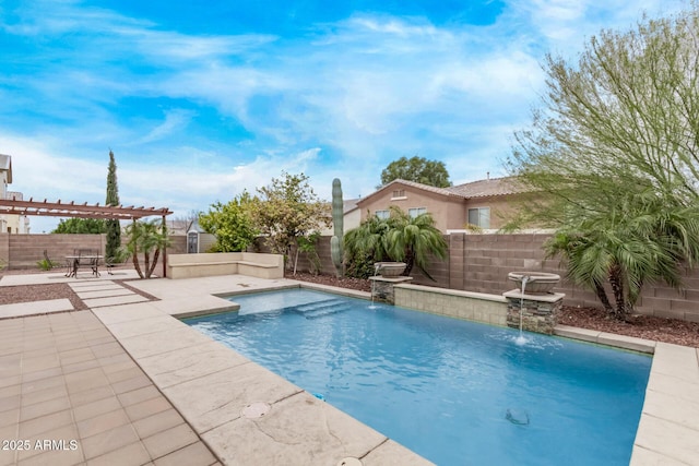 view of swimming pool featuring a patio, a fenced in pool, a fenced backyard, and a pergola