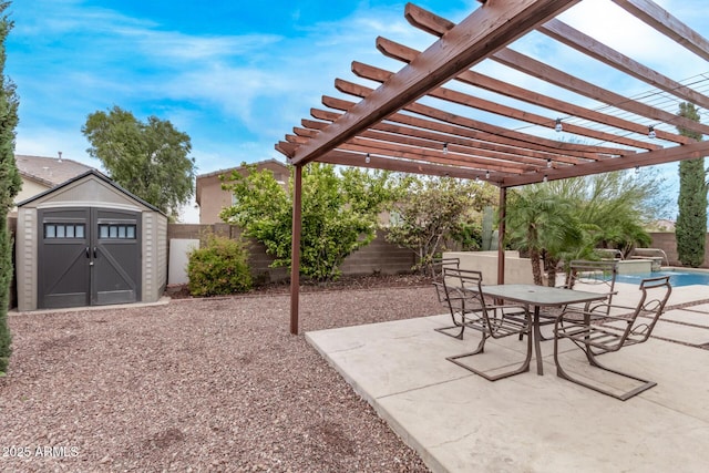 view of patio featuring outdoor dining area, a fenced backyard, a pergola, an outdoor structure, and a storage unit