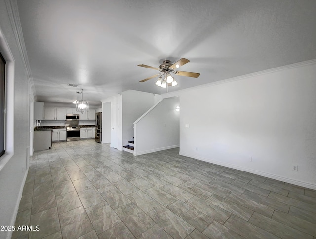 unfurnished living room with crown molding and ceiling fan