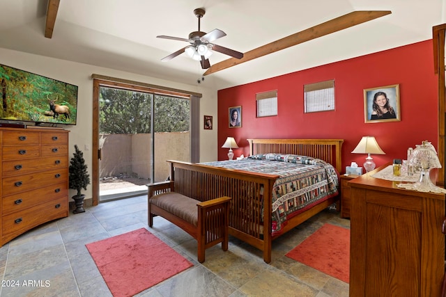 bedroom featuring beamed ceiling, access to outside, and ceiling fan