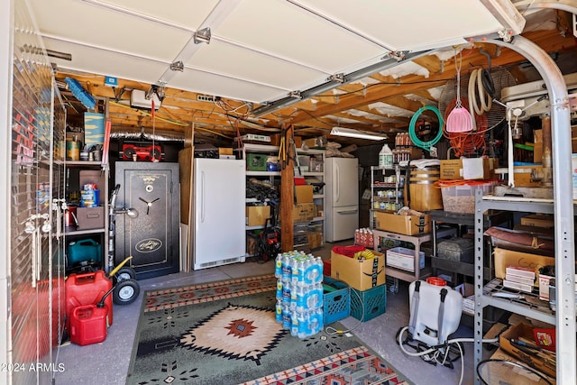 garage with white refrigerator