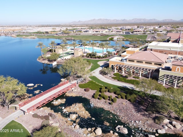 bird's eye view featuring a water and mountain view