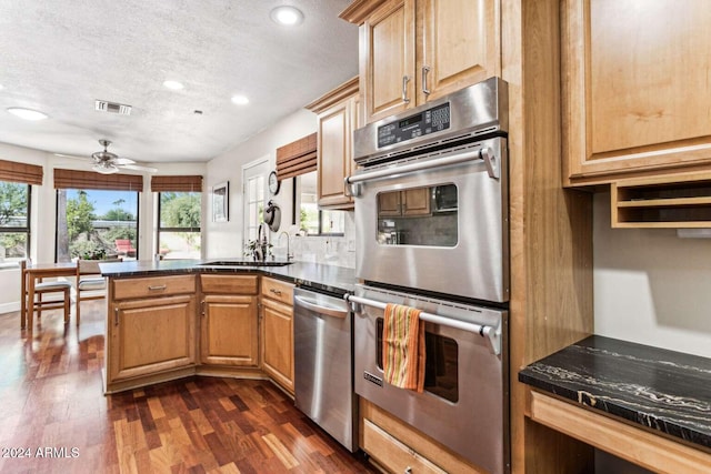 kitchen with a wealth of natural light, appliances with stainless steel finishes, kitchen peninsula, and dark hardwood / wood-style flooring