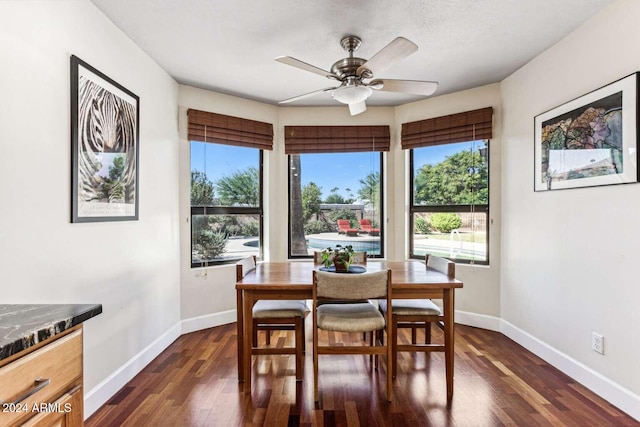 dining room featuring ceiling fan and dark hardwood / wood-style flooring