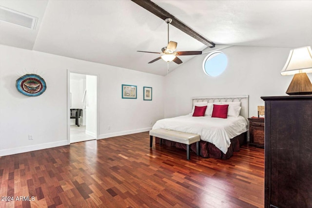 bedroom with ceiling fan, vaulted ceiling with beams, and dark hardwood / wood-style flooring