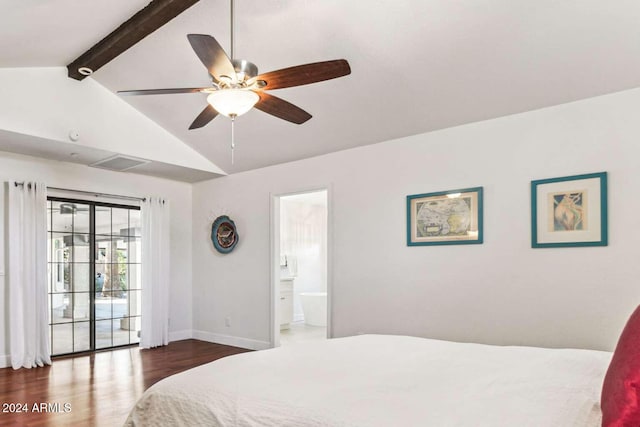 bedroom featuring connected bathroom, access to outside, dark wood-type flooring, lofted ceiling with beams, and ceiling fan