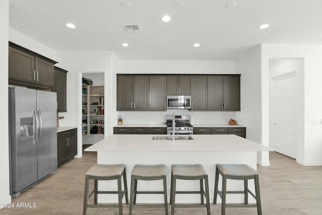 kitchen with a kitchen bar, a kitchen island with sink, sink, and appliances with stainless steel finishes