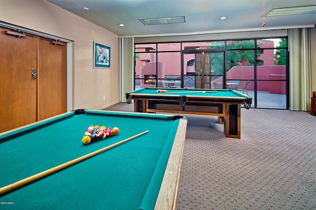 recreation room with carpet and billiards