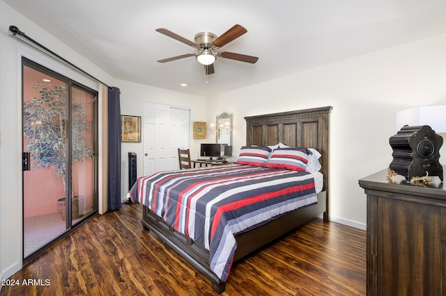 bedroom with dark wood-type flooring, ceiling fan, and a closet