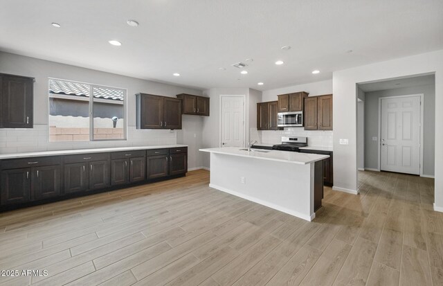 13512 W Copperleaf Ln, Peoria, AZ 85383 - kitchen with stainless steel microwave, backsplash, light wood-style floors, electric range oven, and light countertops