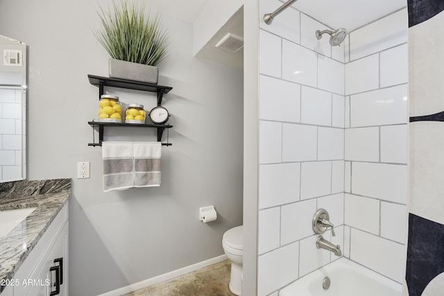 bathroom featuring vanity, toilet, bathtub / shower combination, baseboards, and visible vents