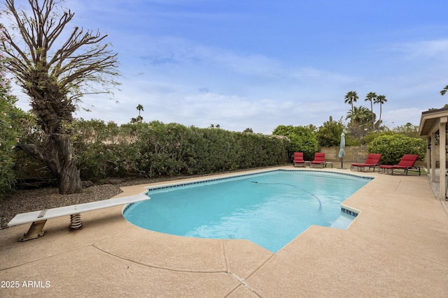 view of swimming pool featuring a fenced in pool, fence, and a patio area