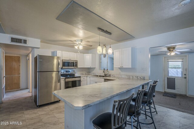 5657 E Dallas St, Mesa, AZ 85205 - kitchen with appliances with stainless steel finishes, ceiling fan, a sink, and a peninsula
