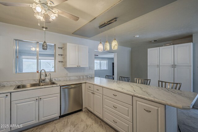 5657 E Dallas St, Mesa, AZ 85205 - kitchen featuring dishwasher, a sink, white cabinetry, a peninsula, and ceiling fan