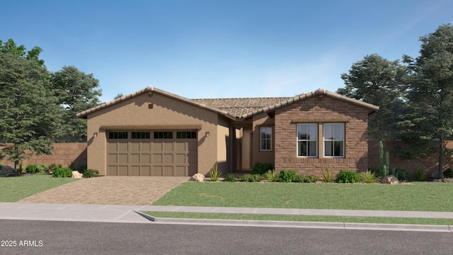 ranch-style home featuring an attached garage, a front lawn, decorative driveway, and a tiled roof