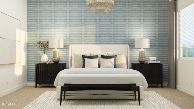 bedroom featuring baseboards, multiple windows, and carpet flooring