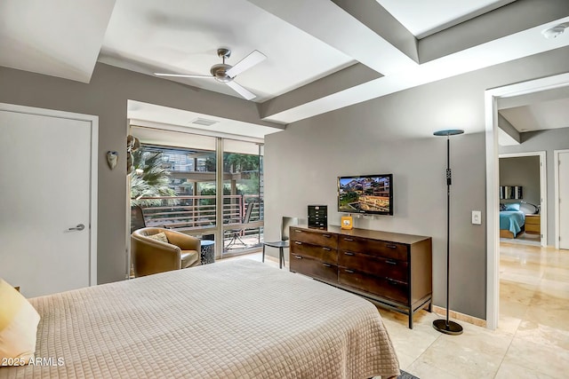 tiled bedroom featuring ceiling fan and access to exterior