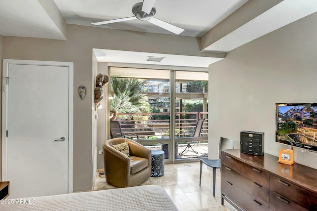 tiled bedroom with access to exterior and ceiling fan