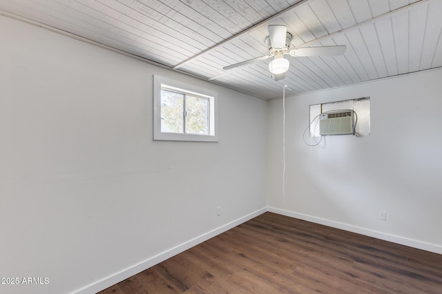 empty room with an AC wall unit, ceiling fan, and dark hardwood / wood-style floors